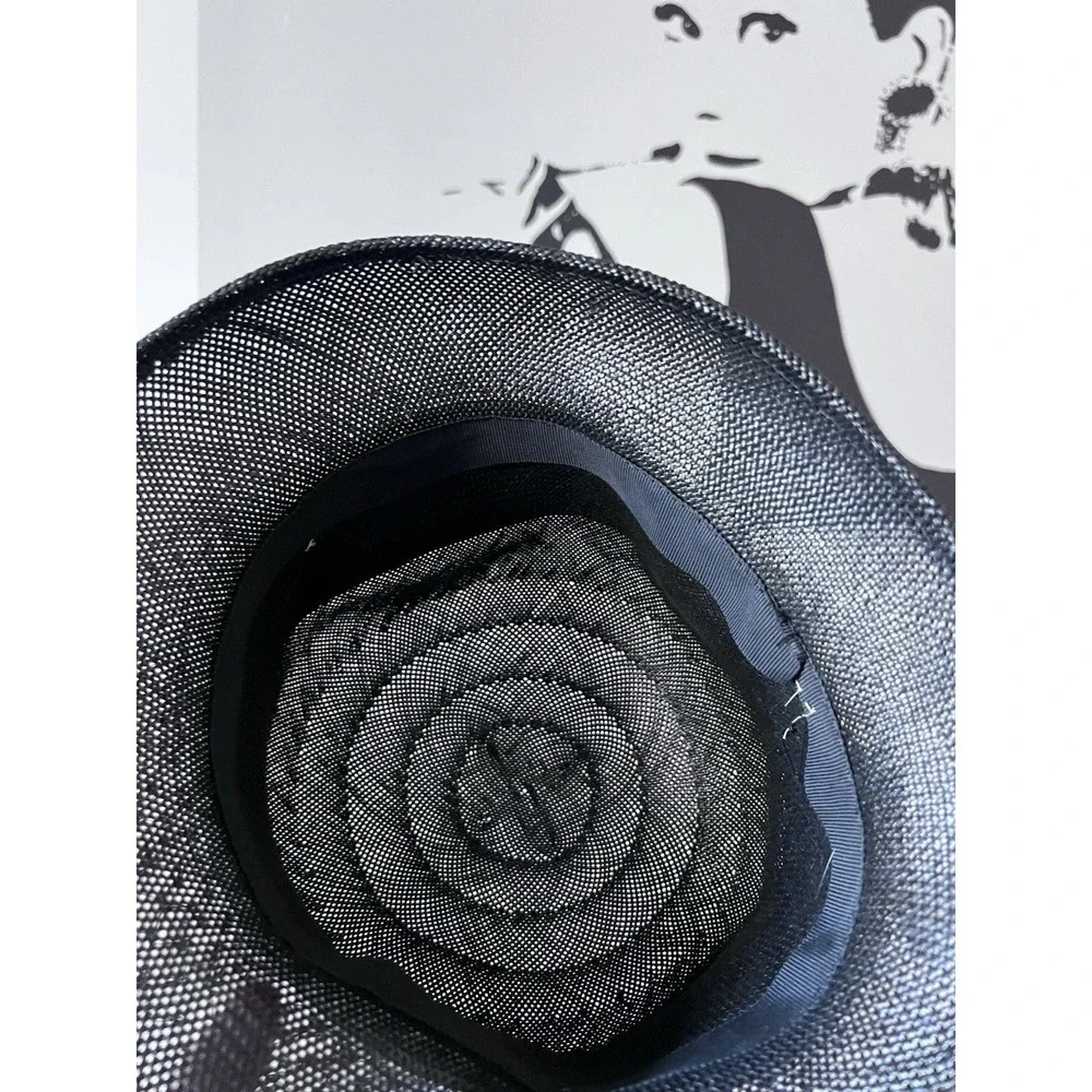 Vintage Black‎ Straw Cloche Hat with Net Veil and Grosgrain Ribbon Bow